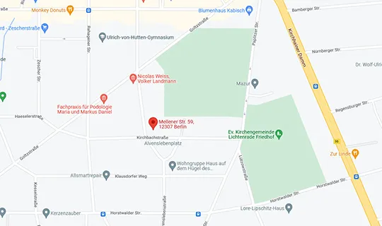 Kartenausschnitt mit der Lage von Mellener Str. 59, 12307 Berlin